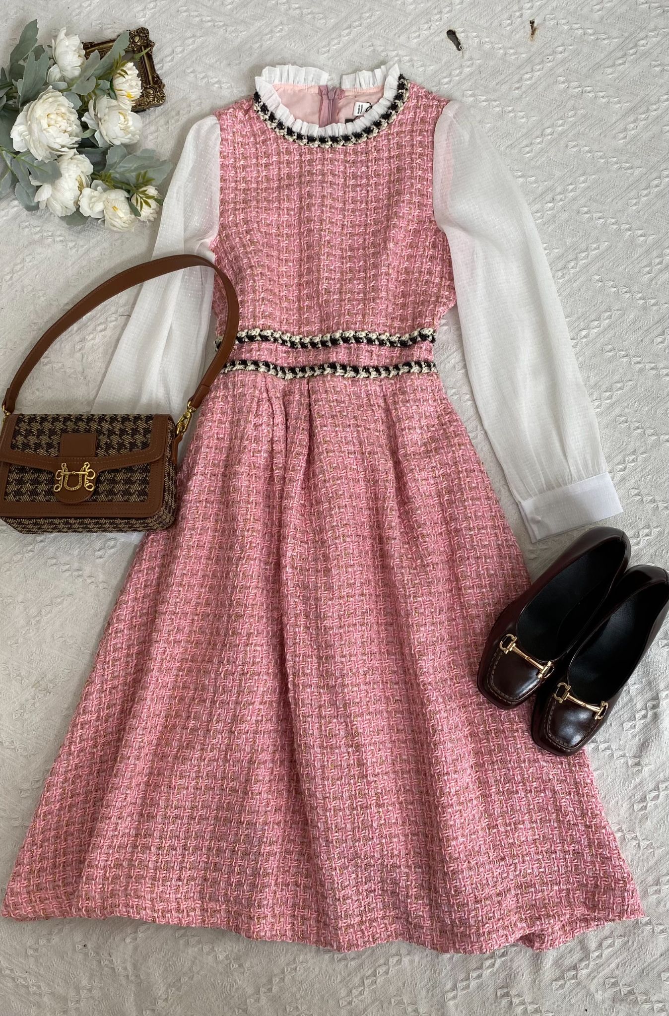 Đầm dạ tweed phối viền nhiều màu A1829