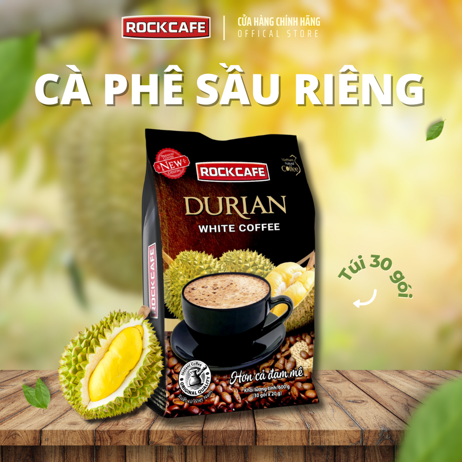 RockCafe - Cà phê hòa tan 3 trong 1 - Vị sầu riêng độc đáo - Thơm ngon - Đậm vị  - Túi 30 gói x 20gr