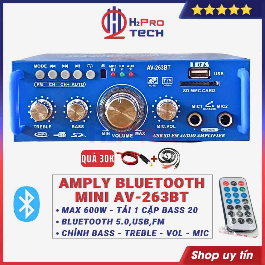 Âm ly Mini Bluetooth 12V 263Bt 600W, Nghe Nhạc Bluetooth Usb-Radio Fm-Hát Karaoke, Bán Hàng Rong, Quà 30K - H2Pro Tech