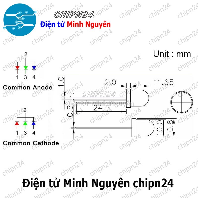 [5 con] Led 10mm Đục 7 Màu RGB 4 chân Dương chung - HH004718