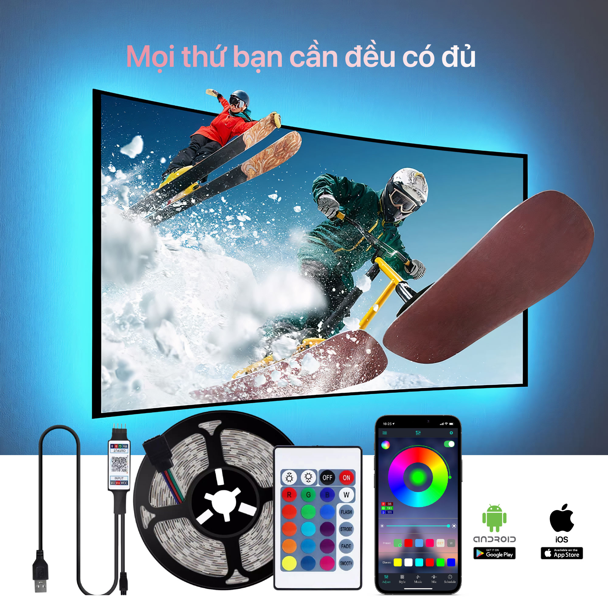 Đèn led dây trang trí phòng ngủ bluetooth điều khiển điện thoại decor phòng ngủ 0.5M 1M 3M 5M đèn sáng 16 triệu màu sử dụng điện 5V đèn led dây dán tường trang trí nhà, giáng sinh, lễ tết Pingron