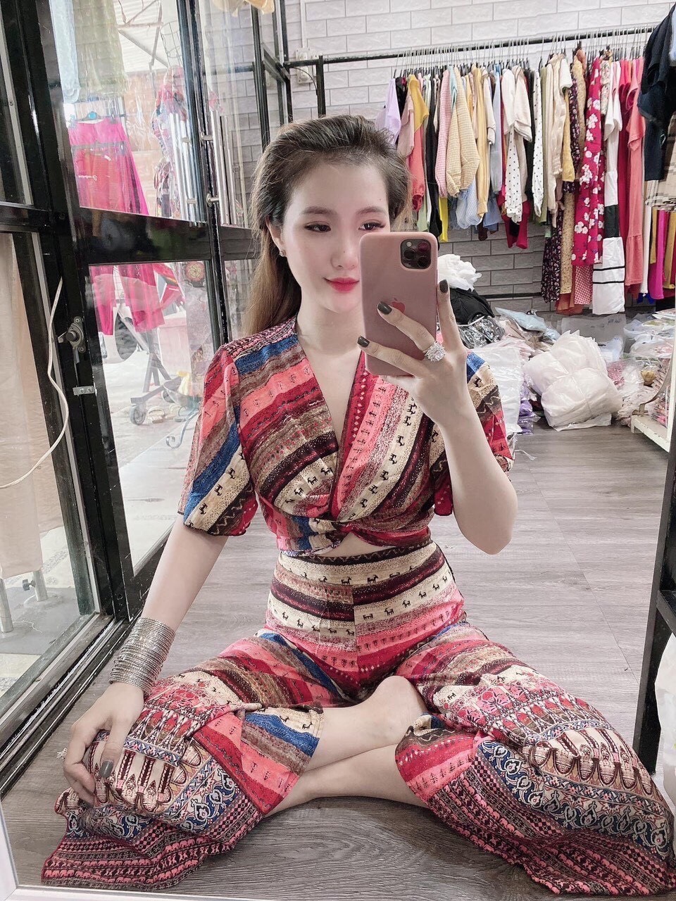 Đồ Bộ Voan Dài Hot Trend Thổ Cẩm Cổ V Xoắn Ngực Tay Lỡ Gợi Cảm TTSA0670