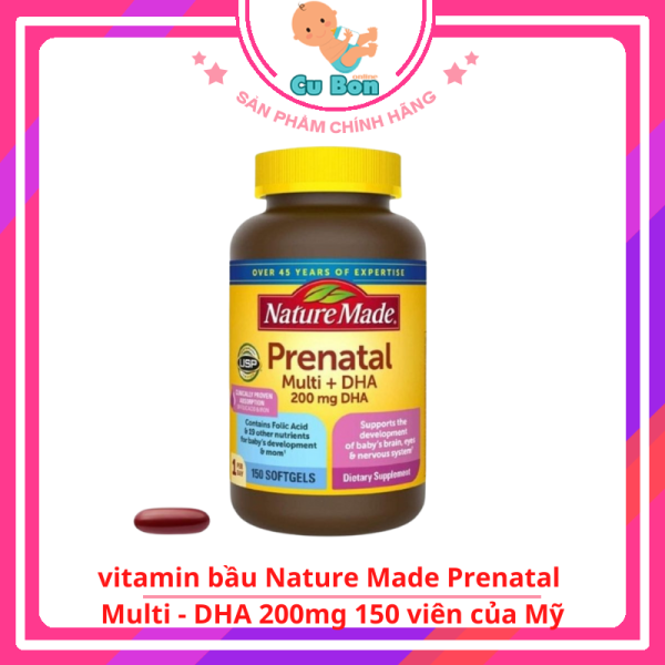 vitamin bầu Nature Made Prenatal Multi - DHA 200mg 150 viên của Mỹ cung cấp 20 loại vitamin Cho Bà Bầu trước và sau sinh nhập khẩu