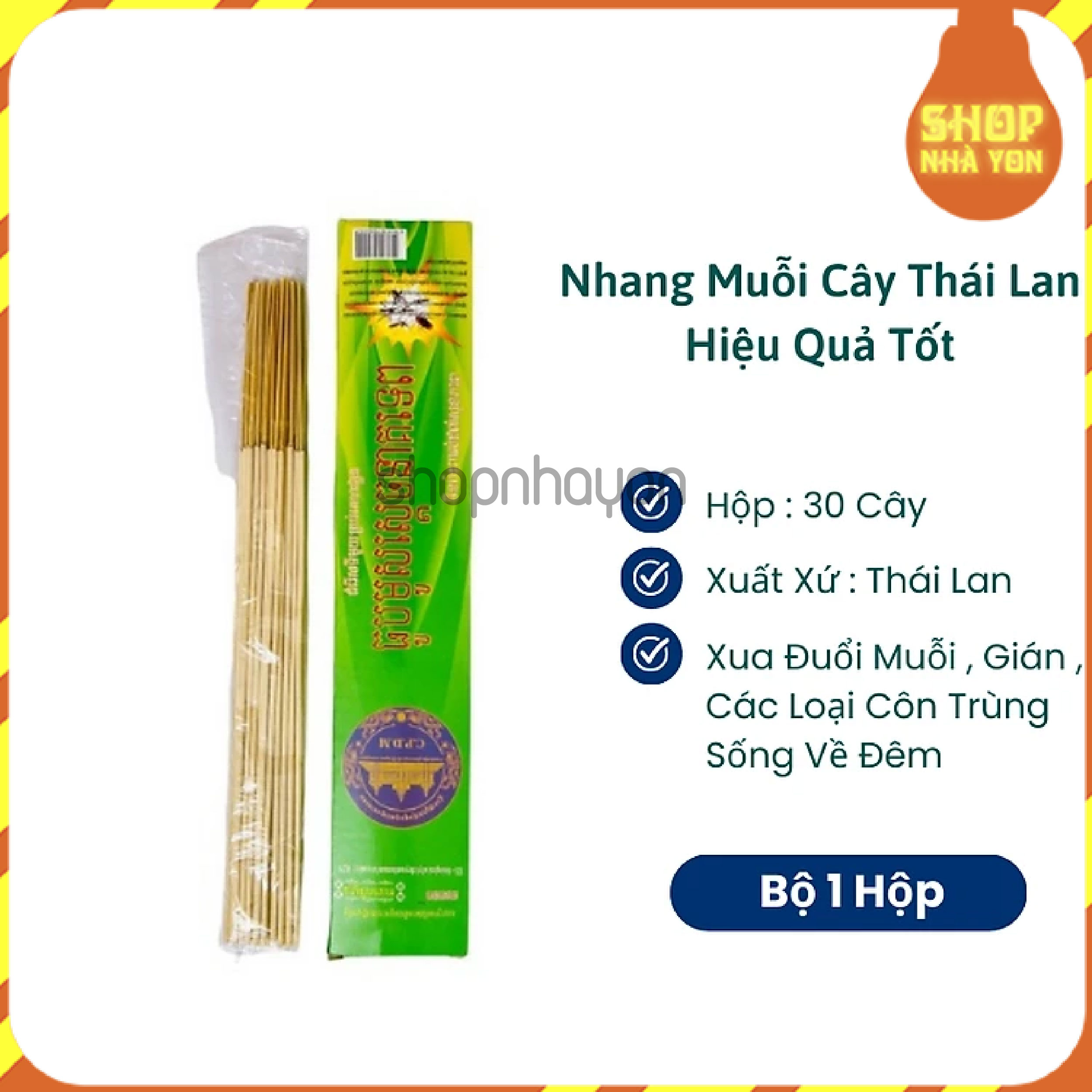 Combo 10 hộp Nhang Muỗi Thái Lan dạng cây (10 hộp tặng 1 cái Qu.ẹt chống gió - 1 hộp 30 cây)