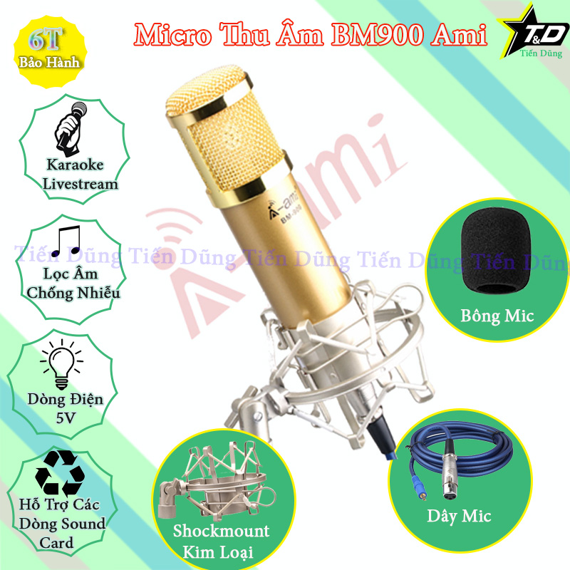 Bộ Mic thu âm BM900 Ami sound card k300 dây livestream MA2 chân kẹp màng lọc sound card k300 có autu tune và bluetooth