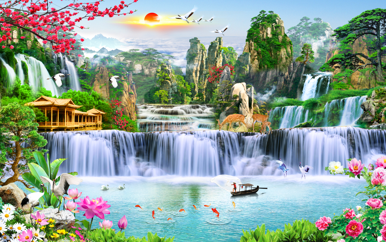 [Deal quà tặng] Tranh dán tường phòng khách sơn thủy hữu tình nhiều phong cách