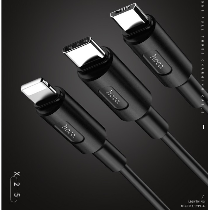 Cáp sạc đa năng 3 đầu Lightning iPhone Micro USB Type C Hoco X25 màu đen