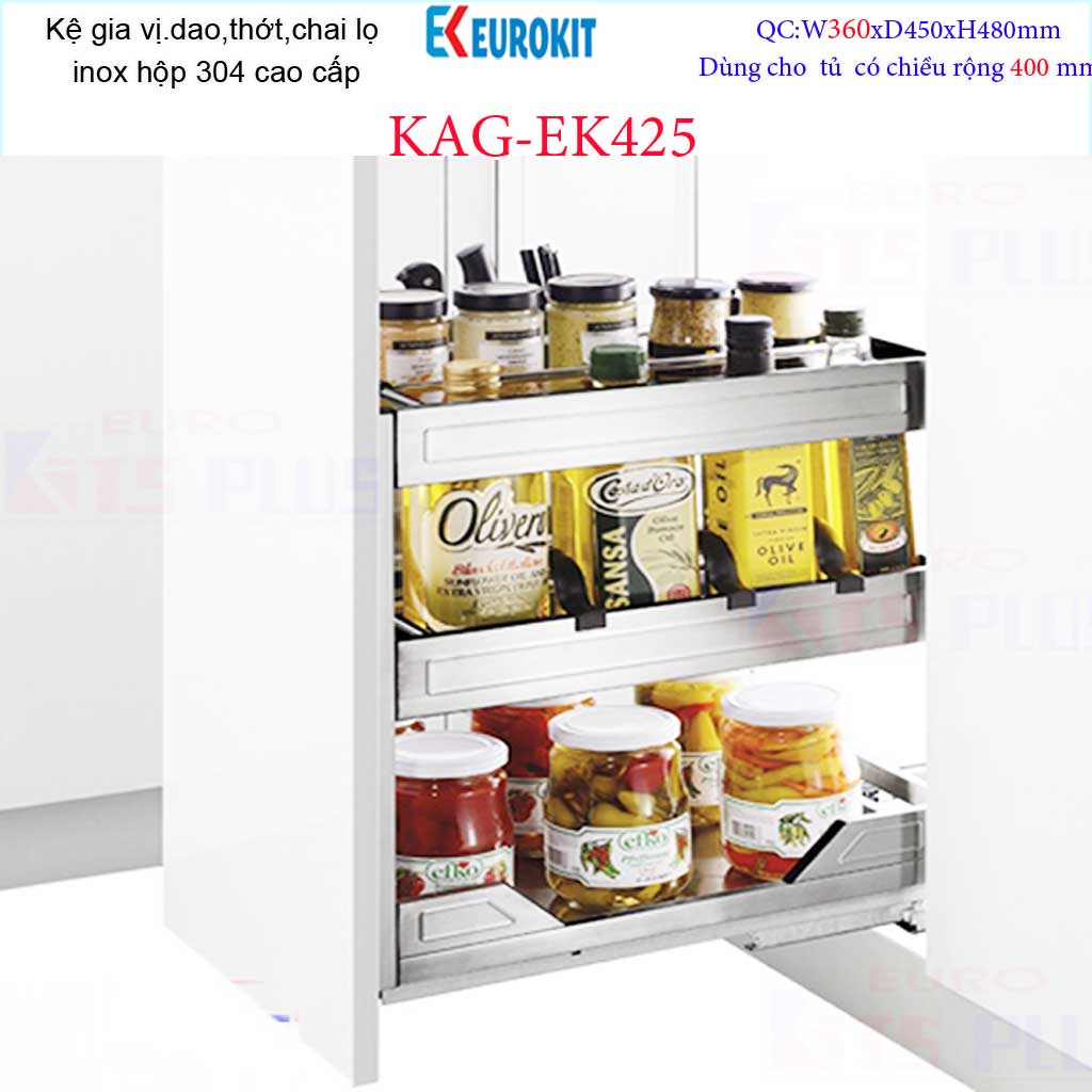 Kệ Gia vị 3 tầng đa năng, kệ đựng gia vị Euro, kệ để gia vị ray giảm chấn âm tủ bếp KAG-EK425, khuyến mãi phí lắp đặt trong TPHCM