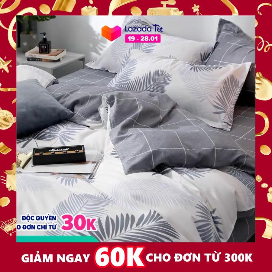 Bộ chăn ga gối phong cách Hàn Quốc cành lá phối trắng xám bo chun đủ kích thước.
