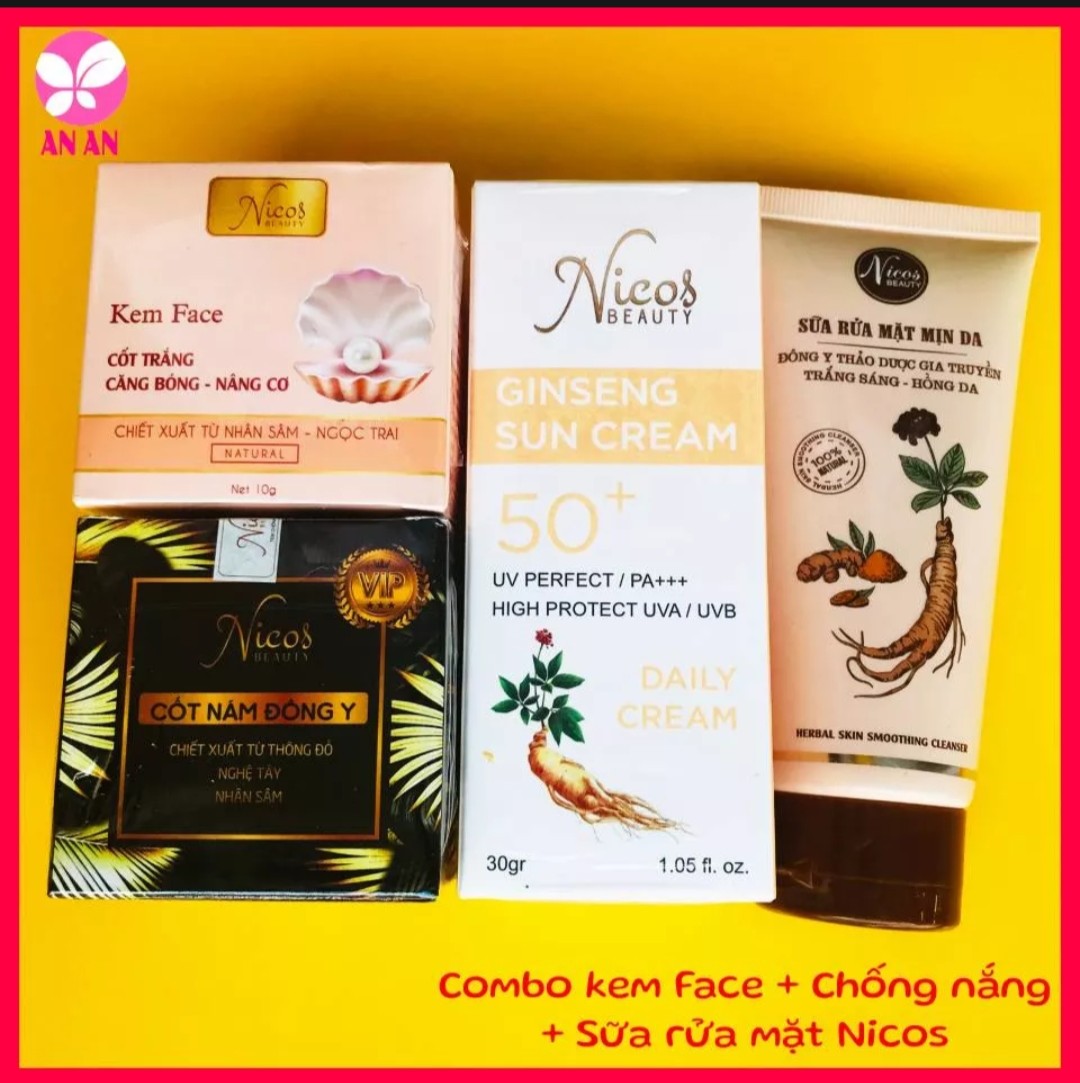 Kem cốt nám đông y nicos + cốt trắng + sữa rửa mặt + kem chống nắng nicos thanh nhi