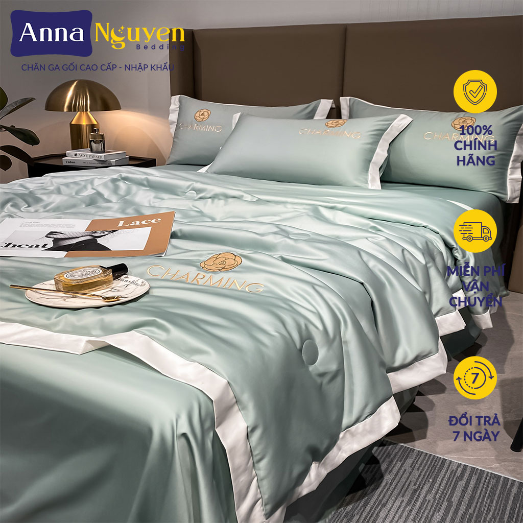 Bộ Chăn Ga Gối Đệm Phi Lụa Charming Drap Giường Phi Lụa Cao Cấp Bo Chun Drap - Anna Nguyen Bedding