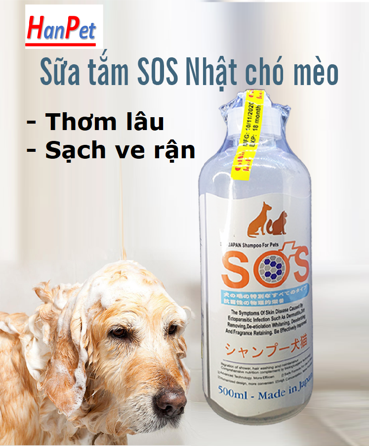 Hanpet - Sữa Tắm SOS Nhật mới 500ml (nhập khẩu Japan) cho mọi loại chó mèo Tác dụng sạch rận và lưu hương thơm lâu hơn loại cũ