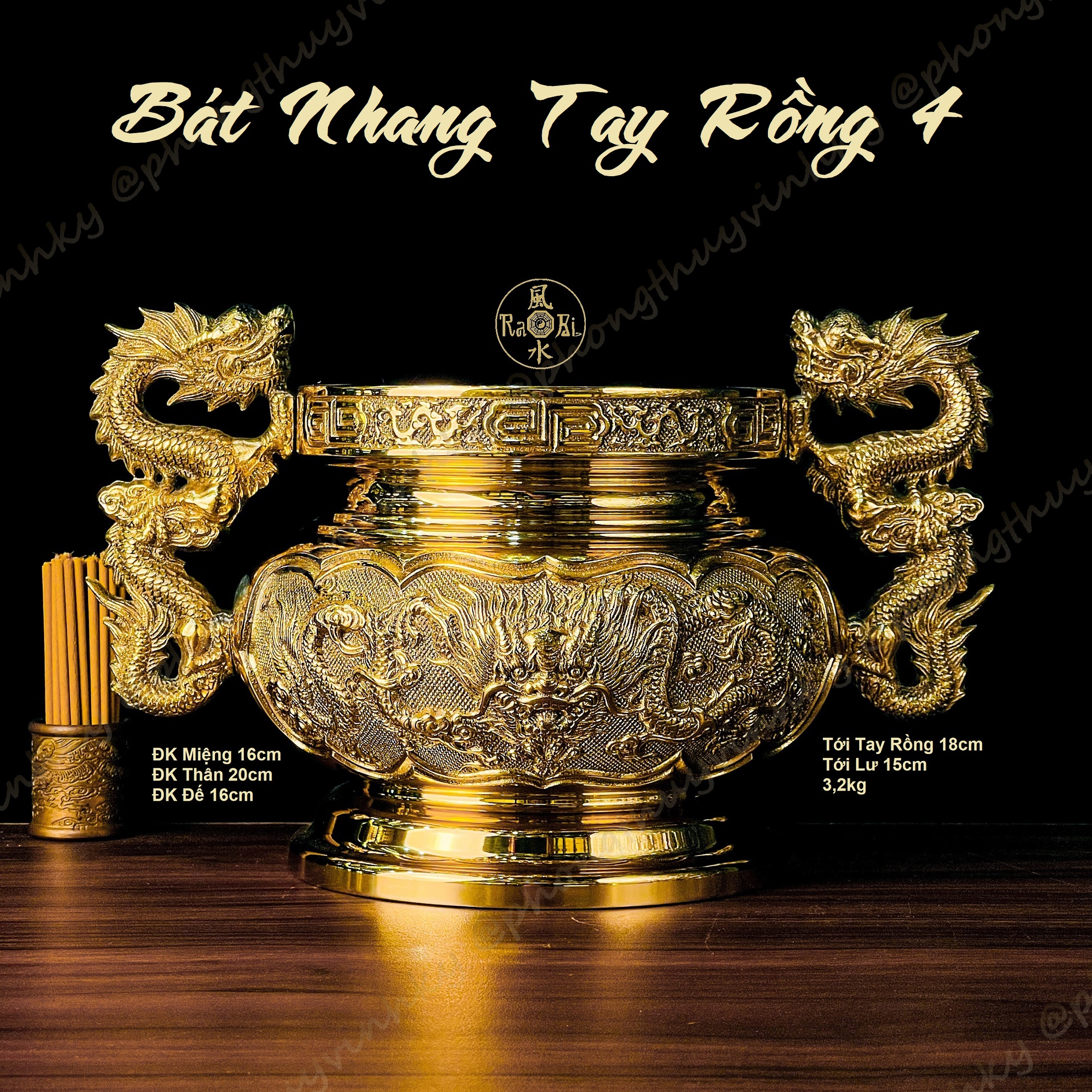 Lư Hương Tròn Tay Rồng miệng 16cm - Vật Phẩm Đồng Thờ Cúng Vĩnh Tiến Chất Lượng Cao