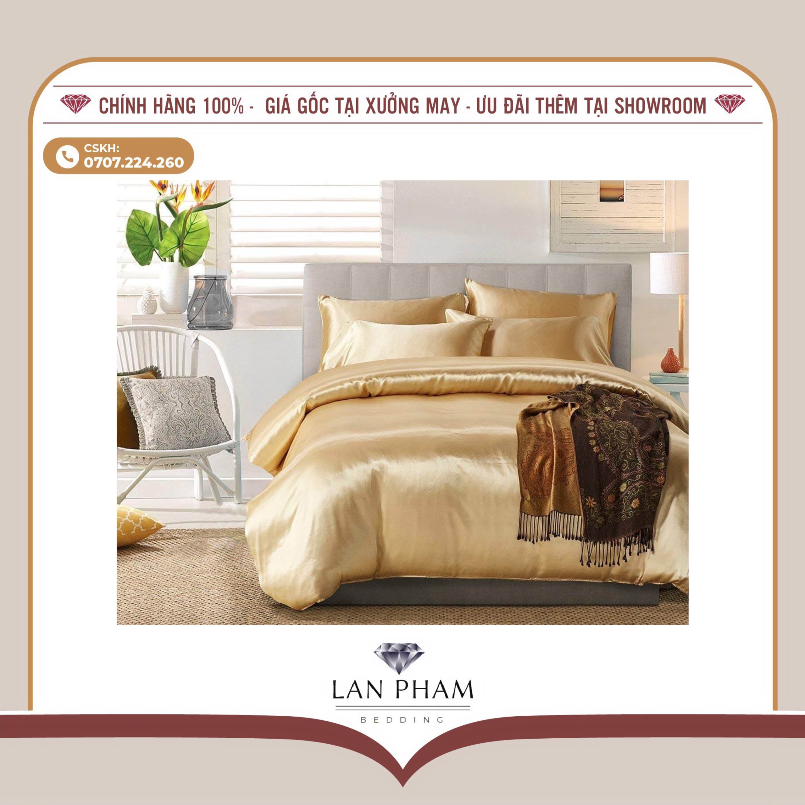 BỘ GA GIƯỜNG DRAP GỐI PHI LỤA MÀU VÀNH CHANH CAO CẤP LAN BEDDING