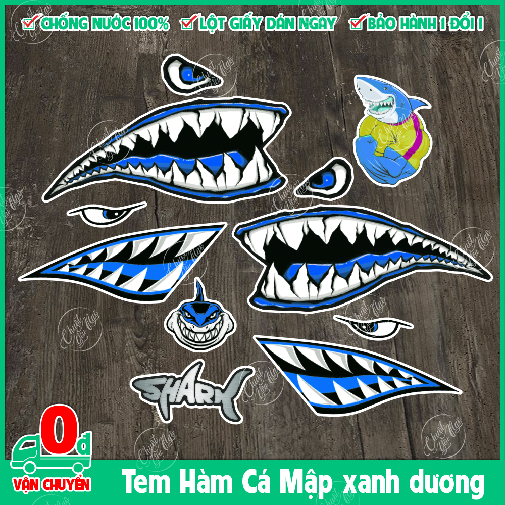 Bộ tem cá mập màu xanh dương hình dán decal nhám chống nước trang trí xe máy laptop nón bảo hiểm