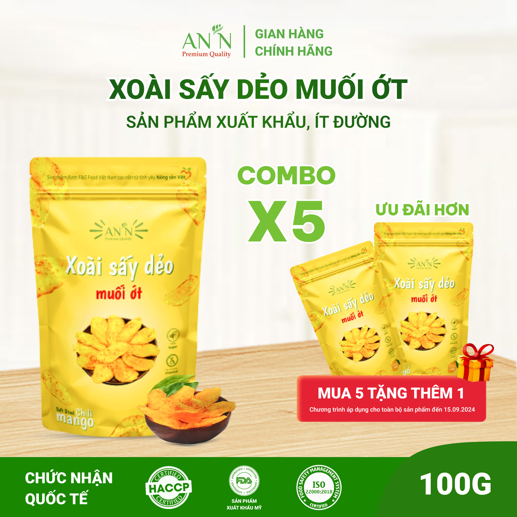 Xoài sấy dẻo muối ớt ít đường nguyên vị an'n loại 1 - túi 100g