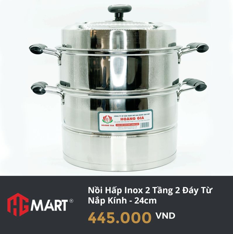 Nồi hấp inox 2 tầng 2 đáy từ nắp kính thương hiệu Hoàng Gia