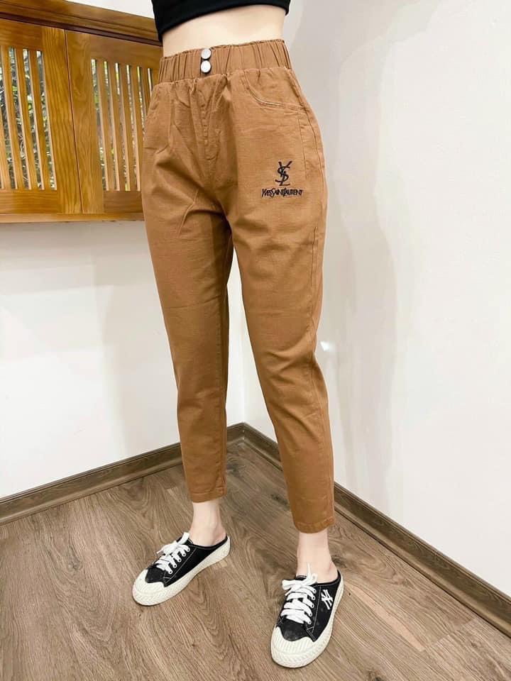 Quần vải đũi dáng baggy bom thụng cạp chun lưng cao
