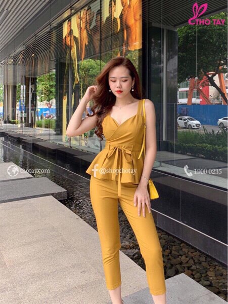 Sét bộ nữ 2 dây cột nơ eo quần dài