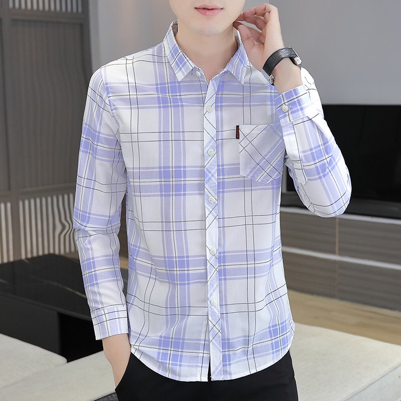 Áo sơ mi nam tay dài phối caro Phong Cách Hàn Quốc Chất Liệu Kate Lụa Thời Trang Cá Tính Không Kém Phần Sang Trọng Đẹp Nhất Kiểu 2023