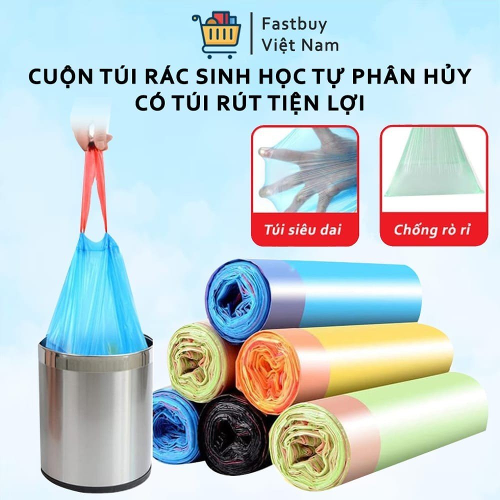 Combo 5 cuộn túi đựng rác có dây rút thông minh, gọn nhẹ, khi sử dụng bạn chỉ cần kéo túi ra và xé theo đường cắt sẵn rất đơn giản.