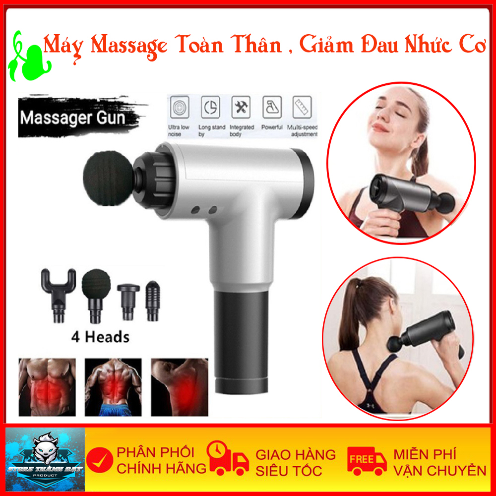 Súng Đấm Lưng 4 Đầu 6 Cấp Độ Massage Fascial Gun - Giảm Đau Nhức Cơ, Xương Khớp, Tăng Lưu Thông Máu, Hoạt Động Ổn Định, An Toàn, Tiện Lợi - Bảo Hành 1 Năm