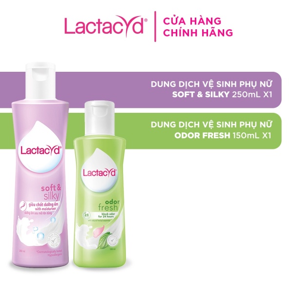 Bộ Dung Dịch Vệ Sinh Phụ Nữ Lactacyd Soft & Silky Dưỡng Ẩm 250ml + Odor Fresh Ngăn Mùi 24H 150ml