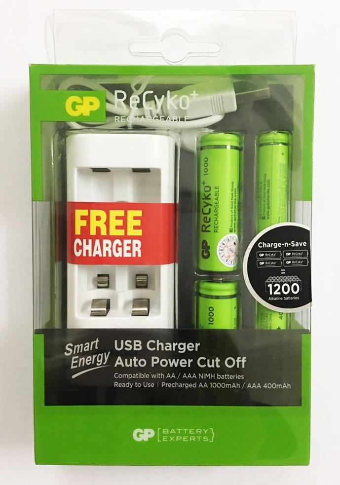 Bộ 2 pin AA, 2 pin AAA và sạc đôi GP Recyko