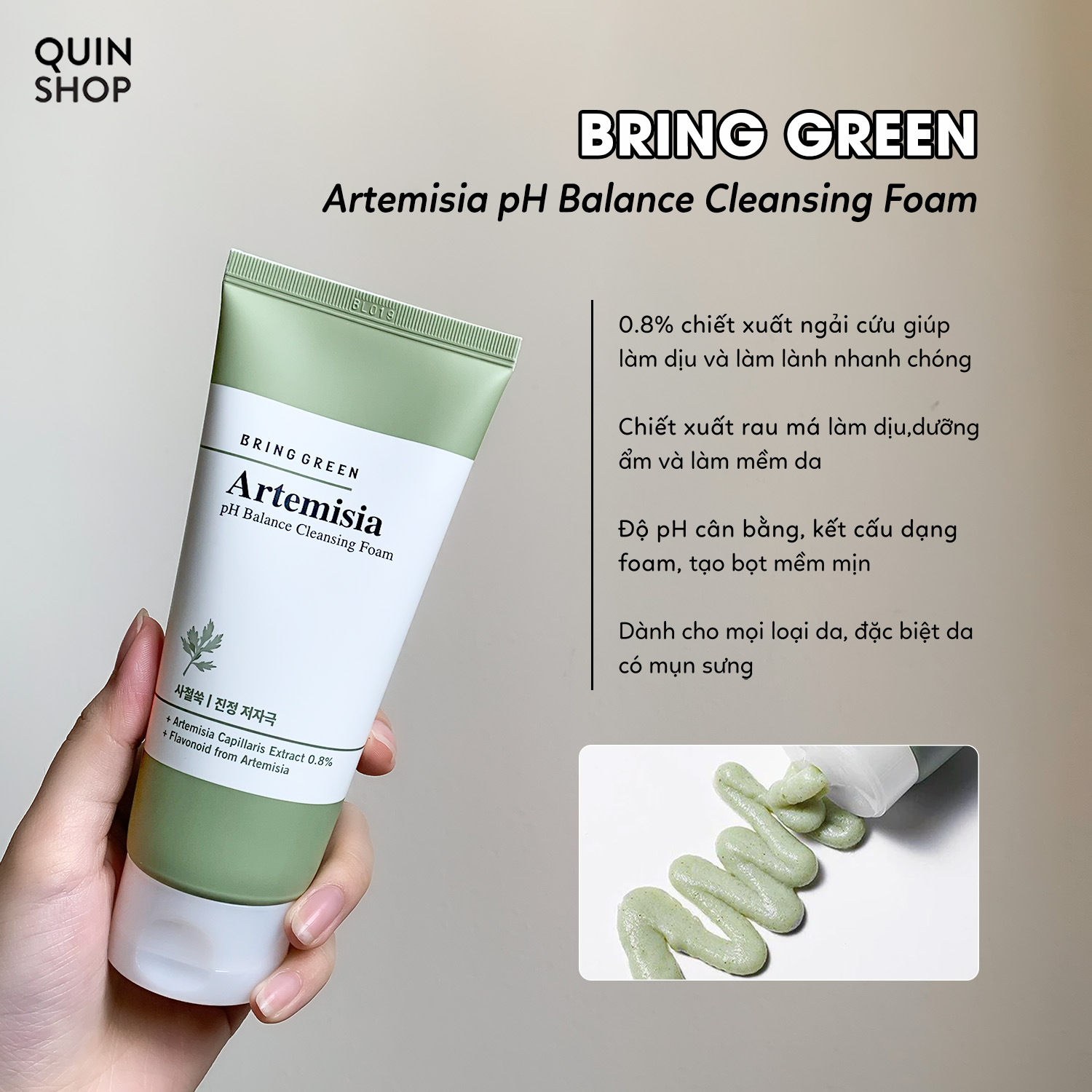 Sữa Rửa Mặt Giảm Mụn Tràm Trà, Ngải Cứu Bring Green Tea Tree Cica Trouble, Artemisia pH Balance Cleansing Foam