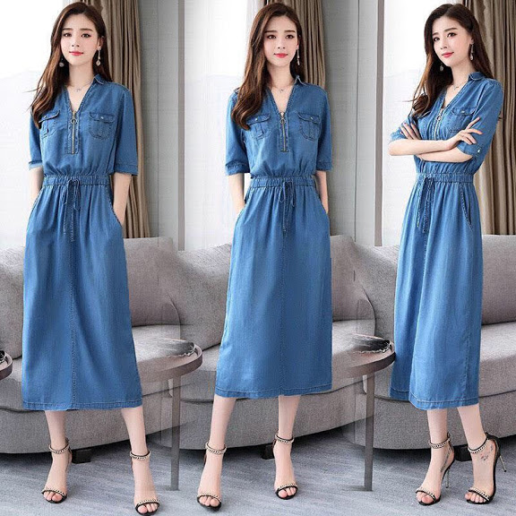 ĐẦM JEAN CỔ SƠ MI 2 TÚI