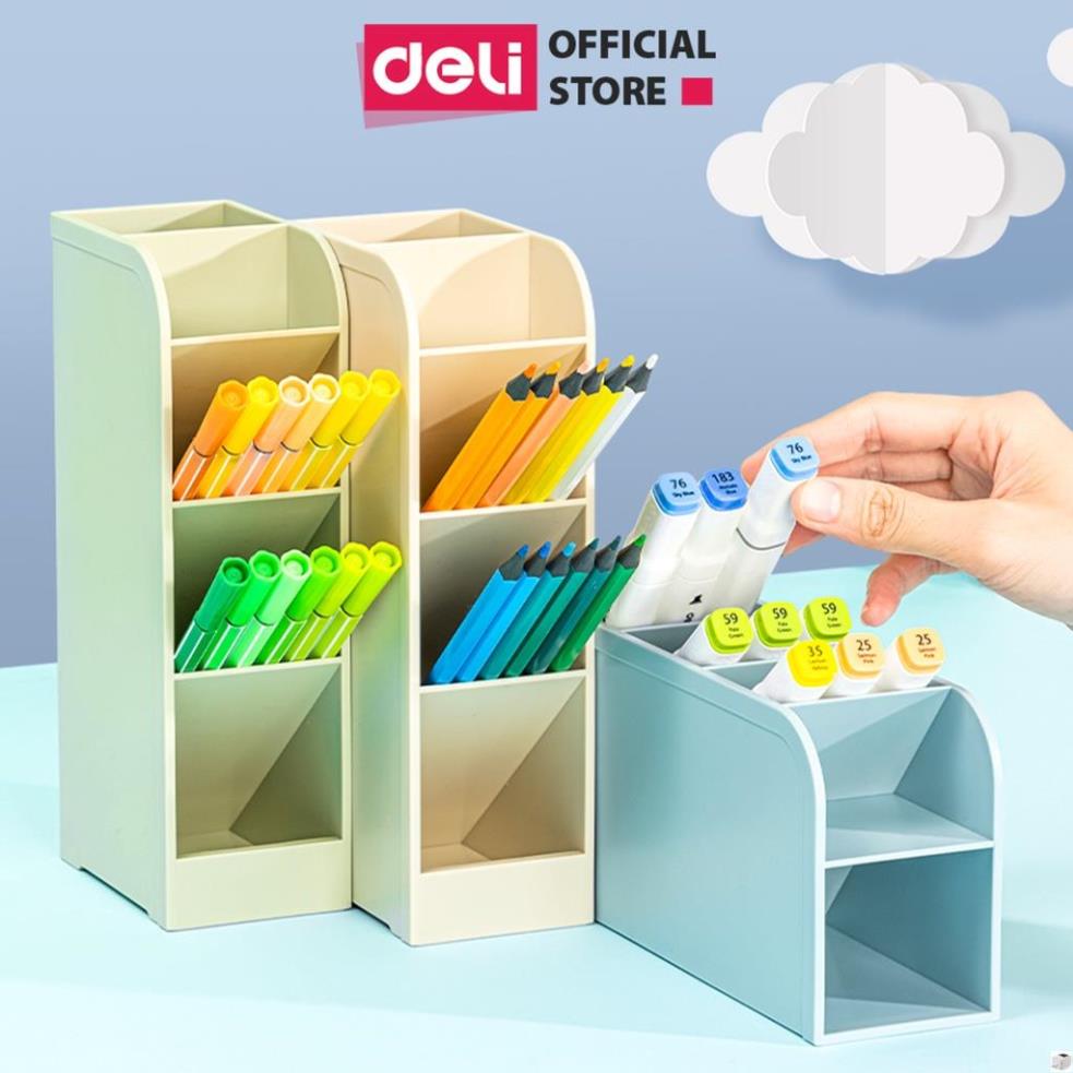Kệ đựng bút pastel Deli kèm sticker, ống đựng bút 4/5 ngăn basic, hộp cắm bút để bàn nhiều ngăn đa năng 3 màu 3 size .