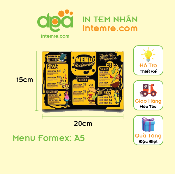 In Menu Cứng Dày Intemre.com Để Bàn Formex (Format) KT: A5, A4, A3