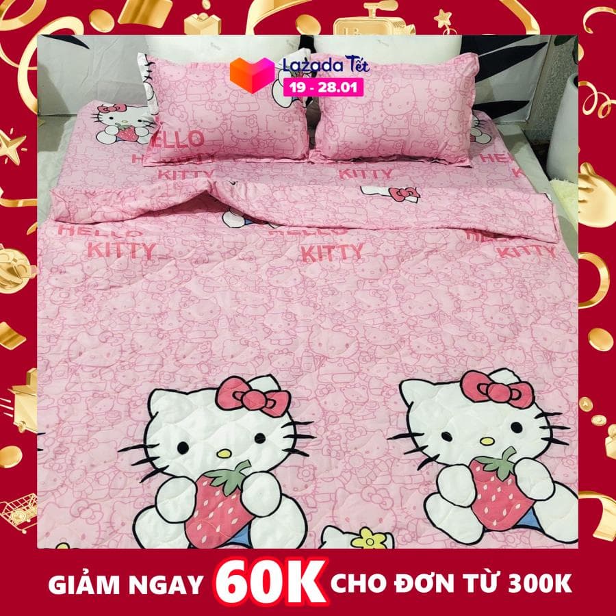 TRỌN BỘ CHĂN GA GỐI COMBO 5 MÓN - KITTY HỒNG DÂU NHẠT