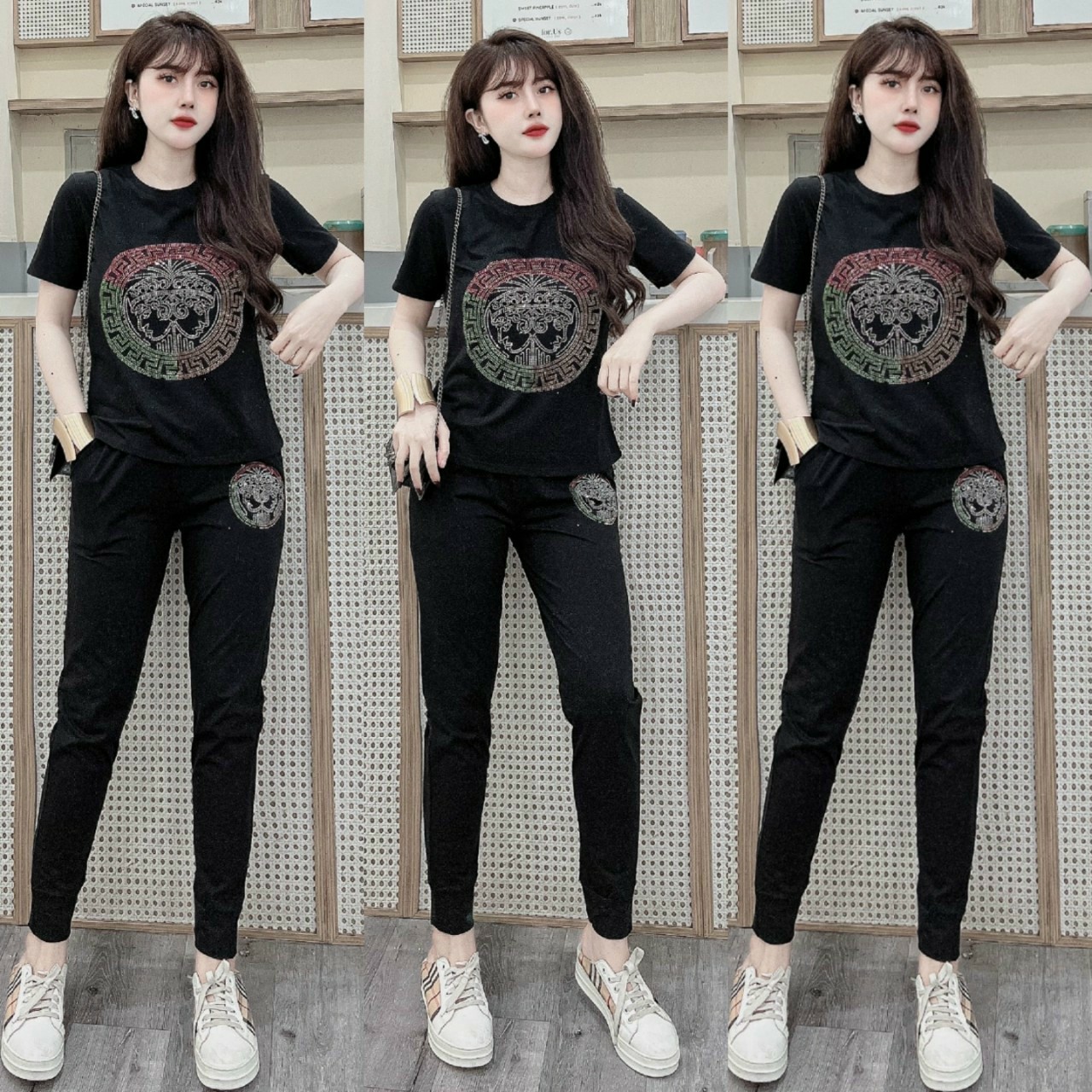 Đồ bộ thun cotton đính đá họa tiết (3 màu: đen, đỏ, cam)