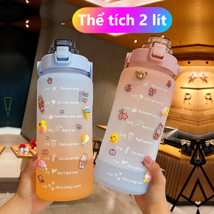 [Tặng kèm sticker cute] Bình nước Tiktok 2 lít, bình nước 2l siêu dễ thương có vạch báo giờ uống nước
