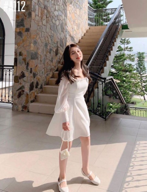(THANH LÝ) Đầm Trắng Xòe Tay Phồng Dễ Thương