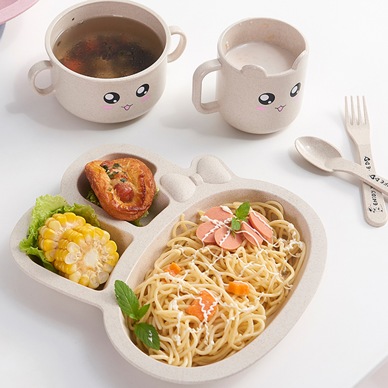 (Tặng Thìa Và Dĩa )Khay Ăn Dặm Lúa Mạch Chia Ngăn Hình Thỏ  KIDOTA
