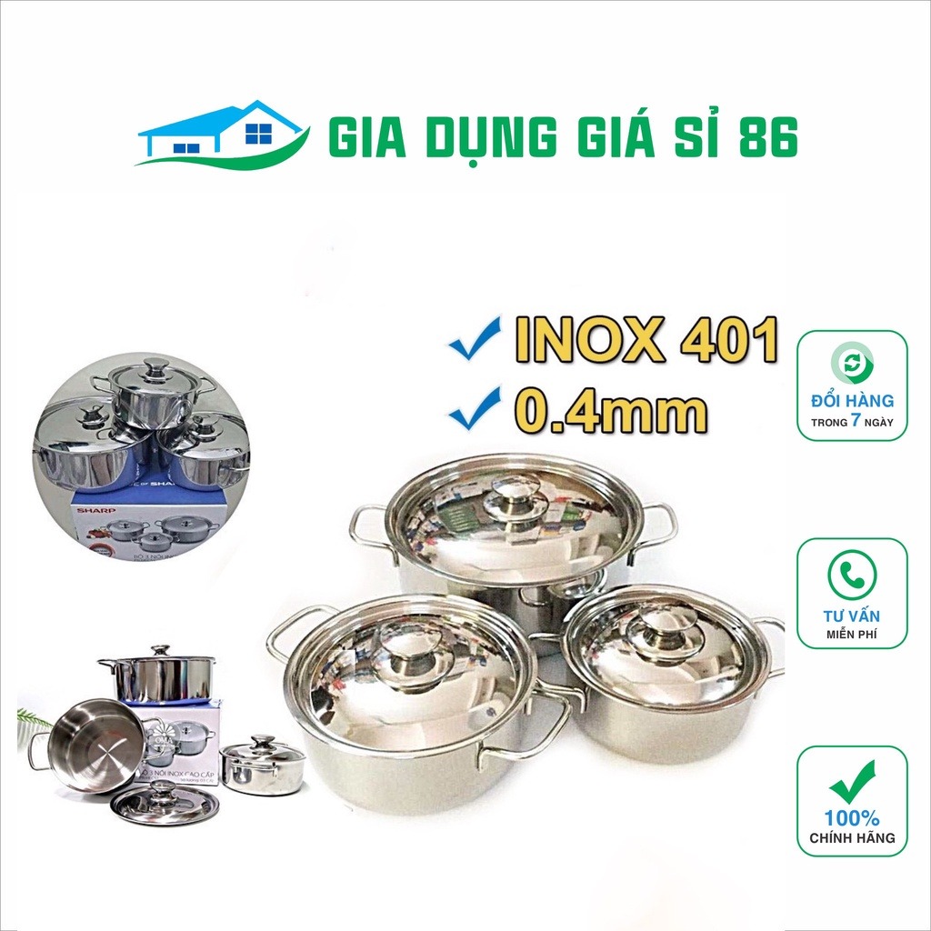 Bộ 3 nồi inox sáng bóng SHARP và SONY nắp inox 24cm 18cm 16cm dùng được bếp từ và mọi loại bếp bộ nồi inox chắc chắn cao cấp