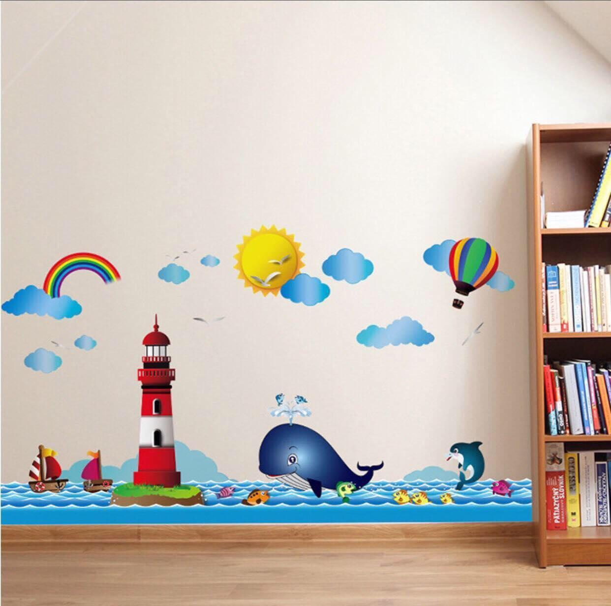 decal dán tường mẫu chân tường cá heo biển cả