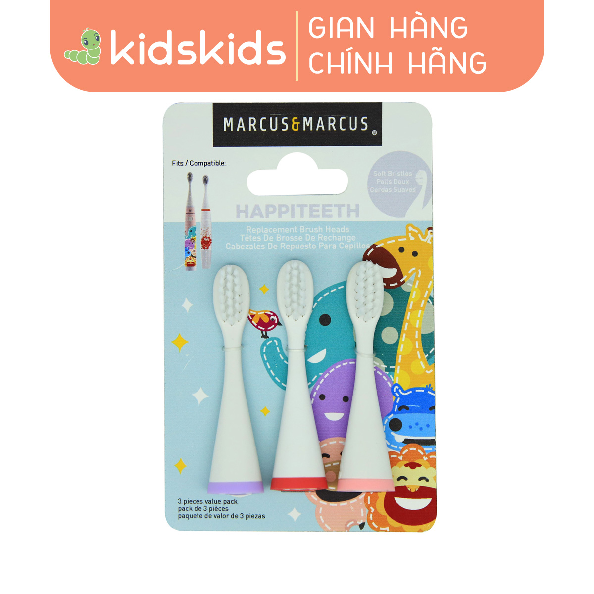 Bộ 3 đầu bàn chải thay thế marcus & marcus cho bé, từ 3 tuổi