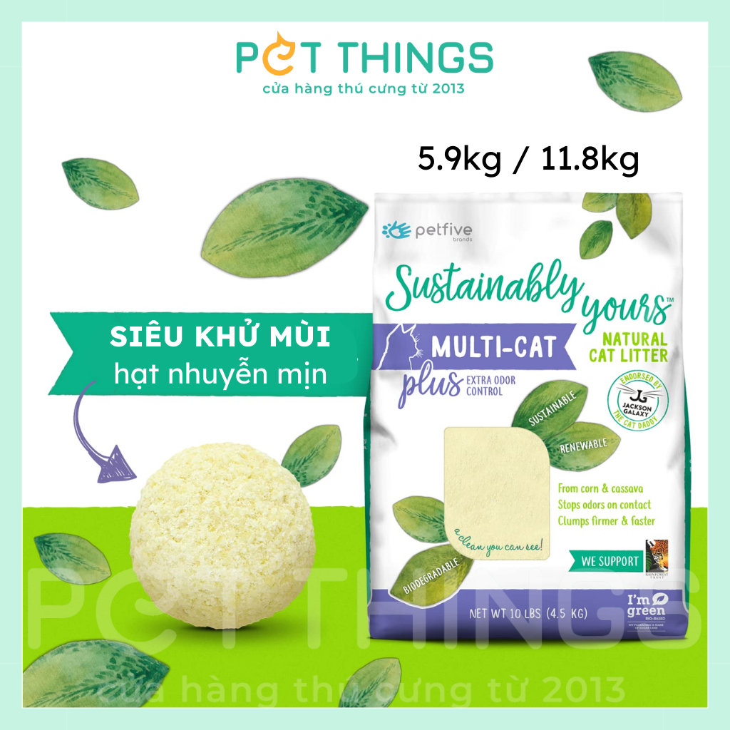 Cát Hữu Cơ cho mèo Petfive Sustainably Yours từ ngô bắp sắn hạt nhuyễn, nhập khẩu Mỹ, vón cục chắc, khử mùi tối đa