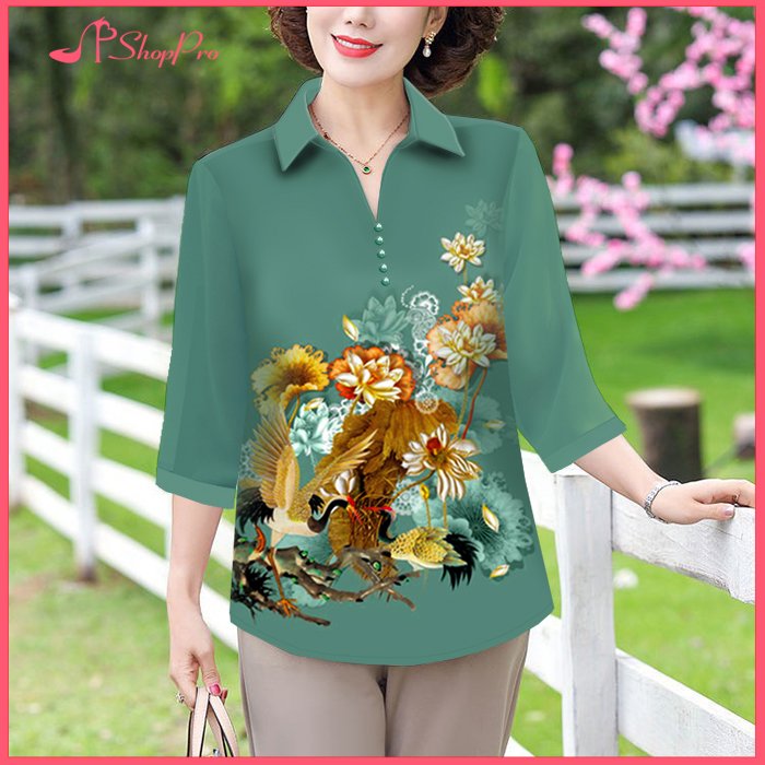 Shoppro-shirt middle-aged female blouses ladies U50 U60 shirt middle-aged women for mother elderly round Neck Sleeve Miss Beautiful flowers bigsize 50-80kg, shirt style middle-aged large size form shirt ladies print motifs 3a26 3a27 3a28 3a29
