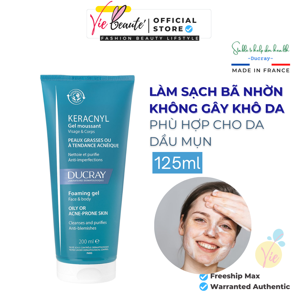 Sữa rửa mặt ducray cho da nhờn mụn - ducray keracnyl foaming gel 200ml