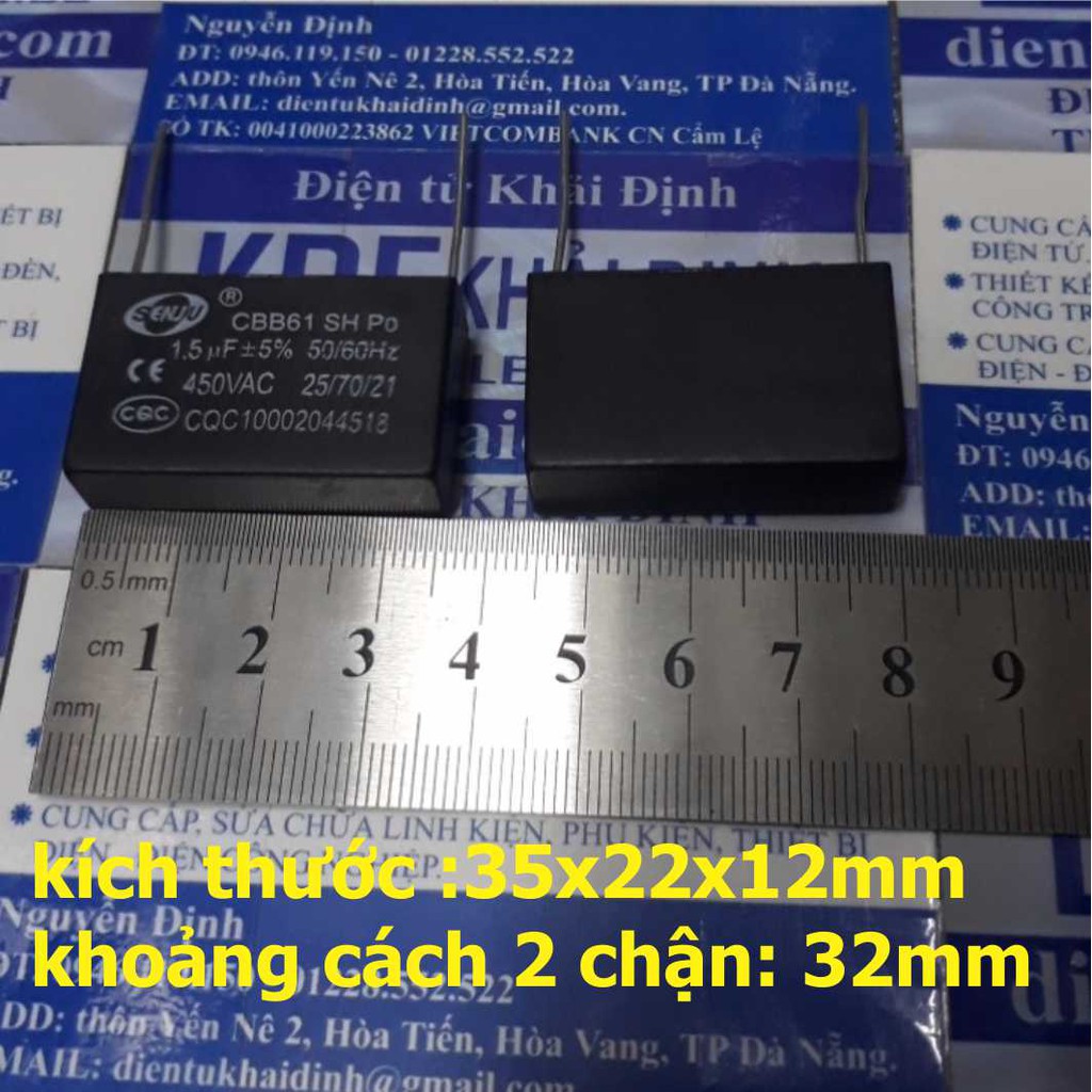 5 con tụ cbb61, tụ quạt 450v, đen, chân cắm d 32mm 1.5uf kde4310
