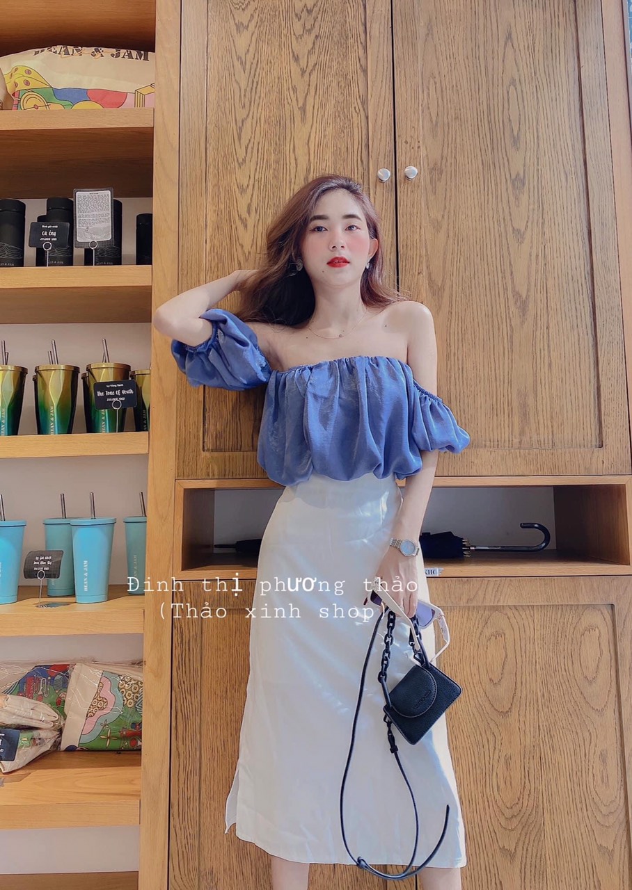 ☀️ Set váy xẻ+ áo rớt vai xanh, chất iệu tốt, bền màu, mang lại cảm giác thoải mái cho người mặc, cam kết sản phẩm như hinh