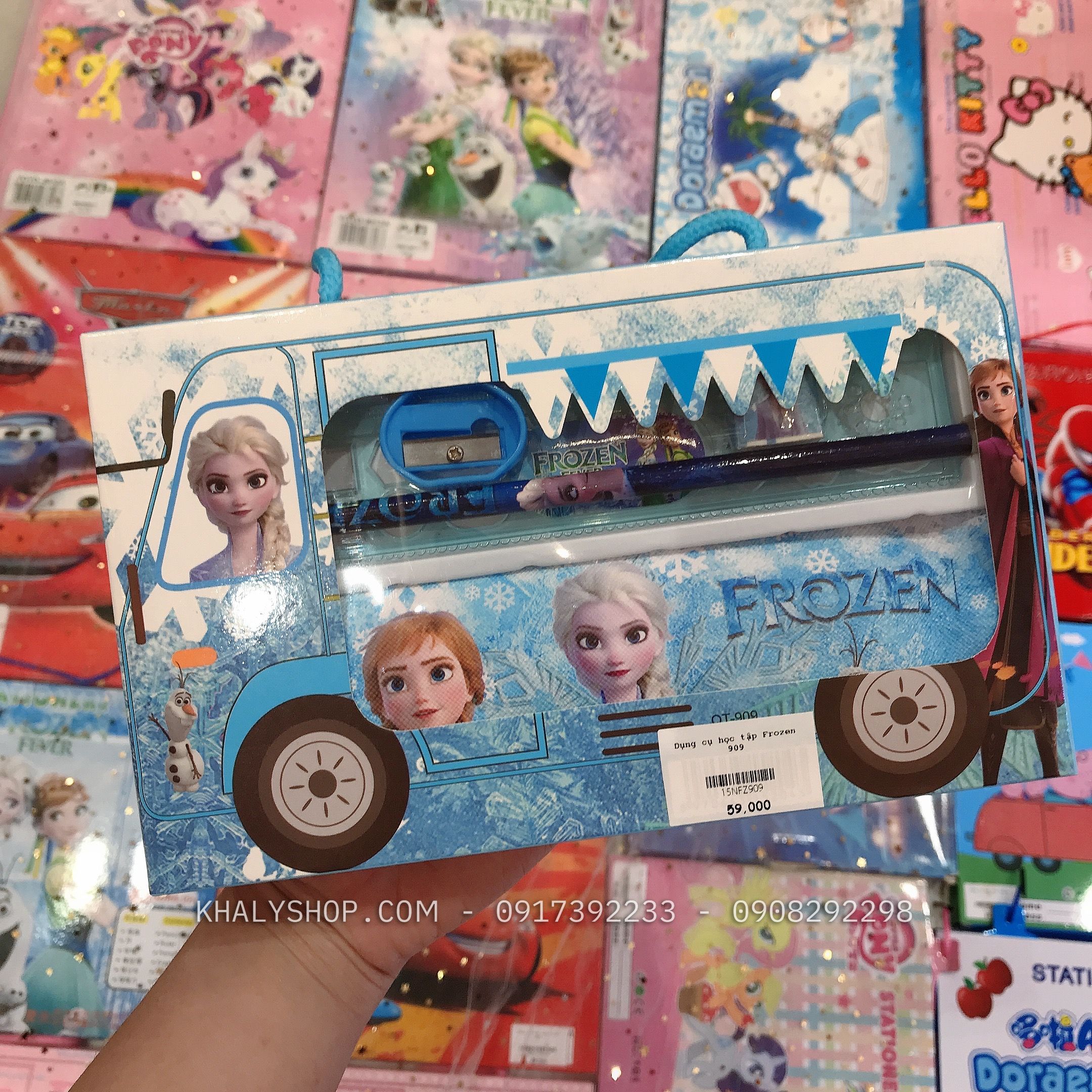 Set bộ dụng cụ học tập 5 món hình công chúa Anna, Elsa (Frozen) màu xanh cho học sinh, các bé - 15NFZ909 - (21x3x13cm)