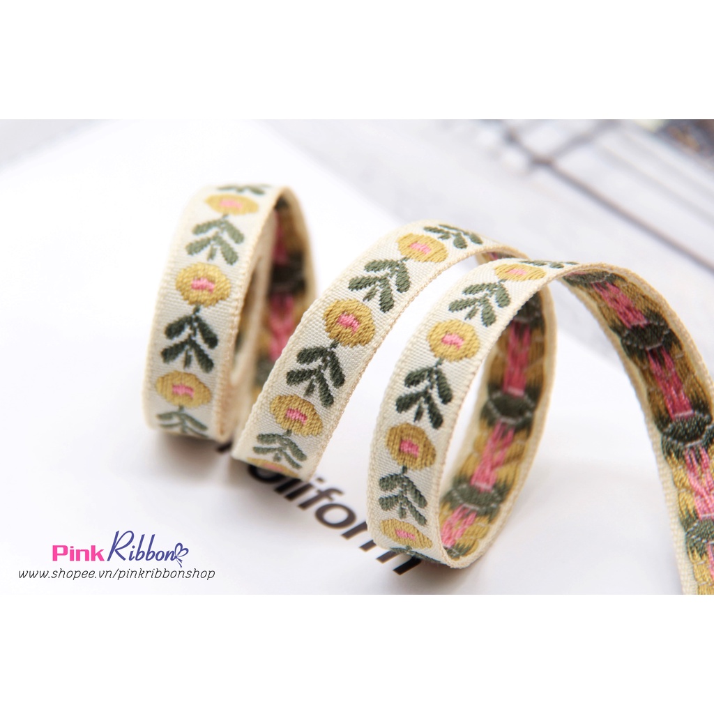 Ruy băng thô thêu hoa số 38, cỡ 1cm