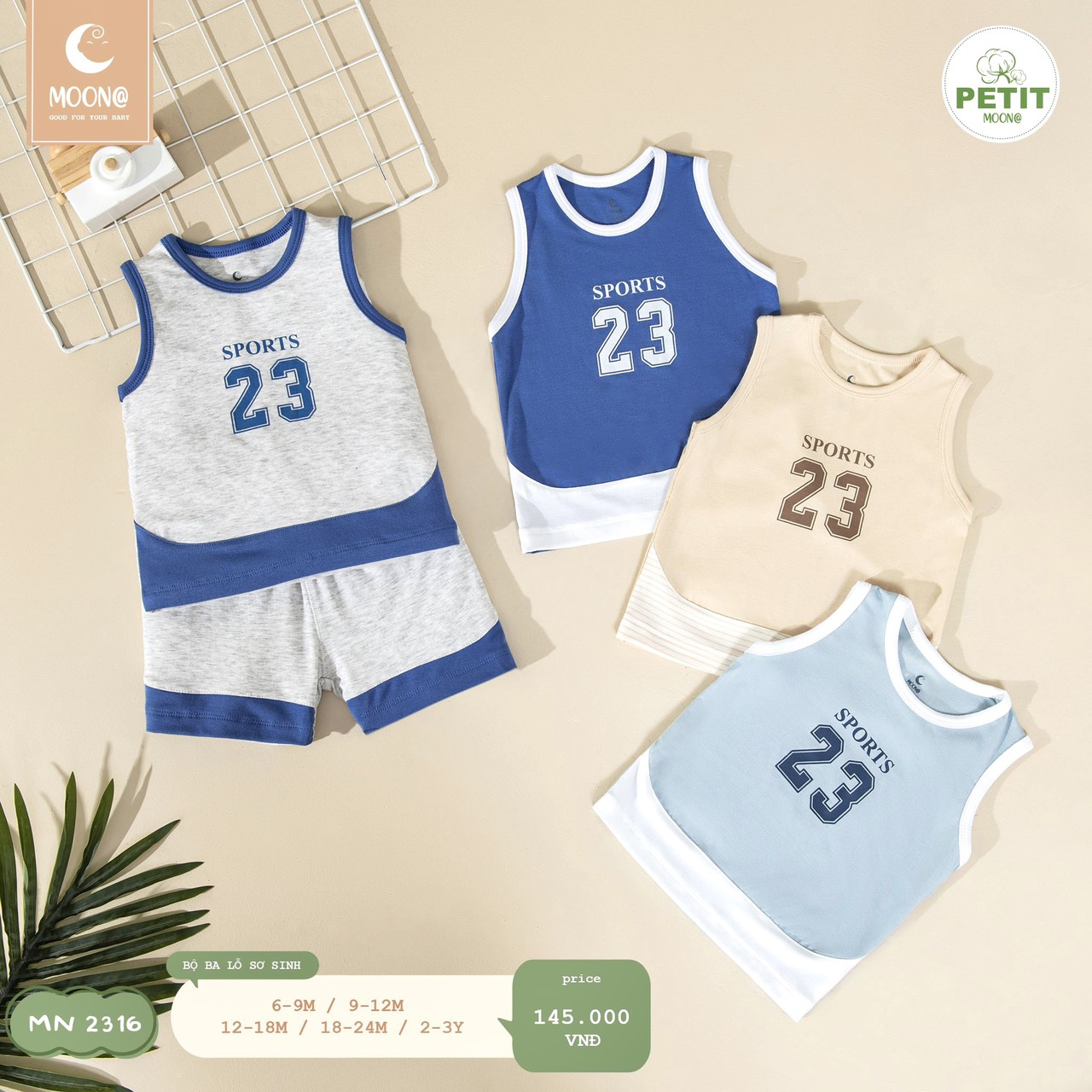 [MOON] Bộ ba lỗ moon chất petit cho bé trai/bé gái