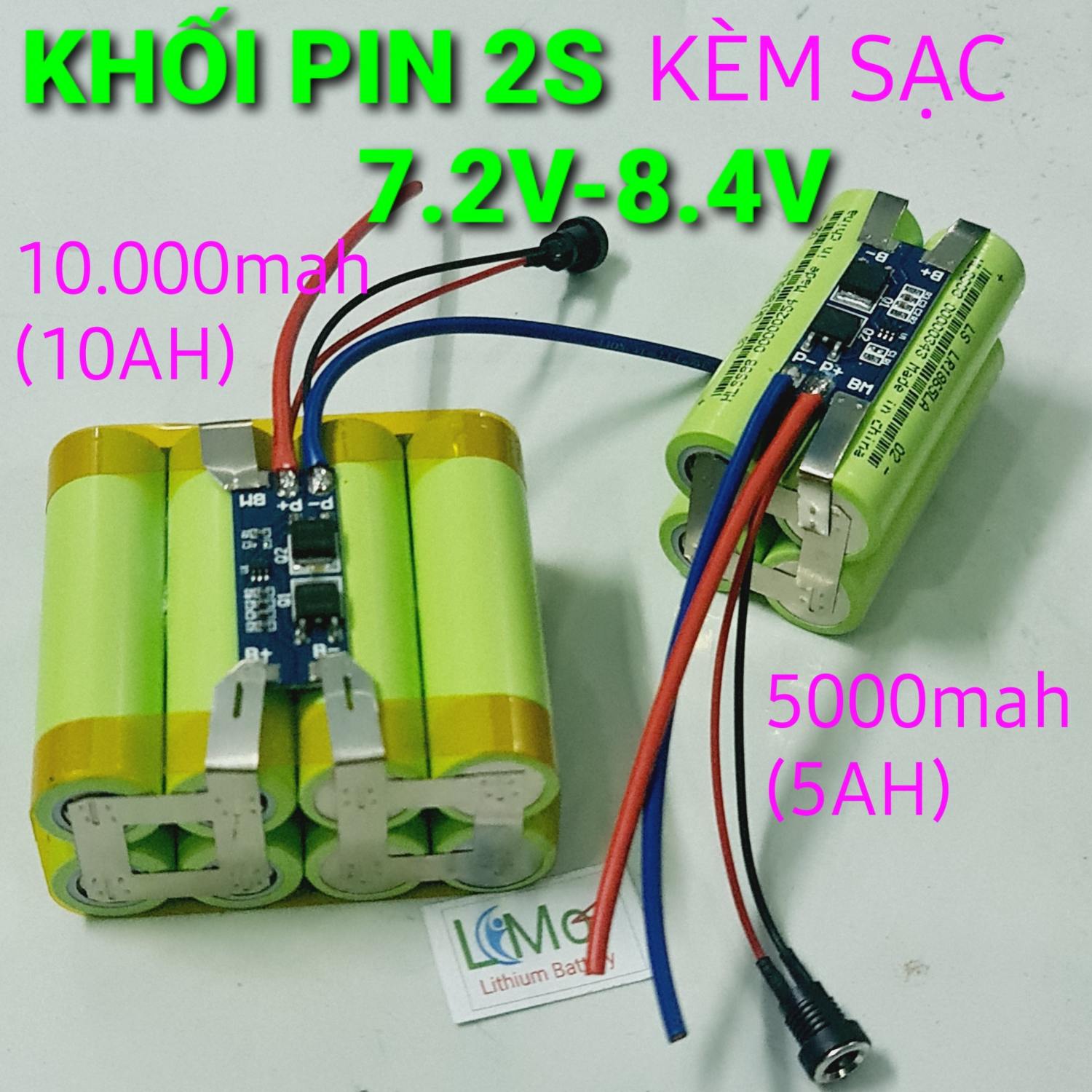 Khối pin 2s 7.2v - 8.4v đóng sẵn. dung lượng 5ah và 10ah . khối pin 2s xả cao có mạch bảo vệ 2s và được bọc bảo vệ đầy đủ