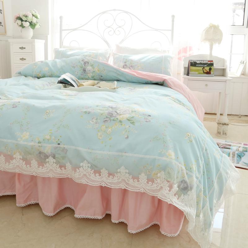 Kiểu Hàn Quốc Giản Lược Hoa Vỏ Chăn Trên Giường Bộ Bốn Chiếc 100% Cotton 1.5m Giường Ren Công Chúa Gió 100% Cotton Ga Phủ Giường 1.8 M